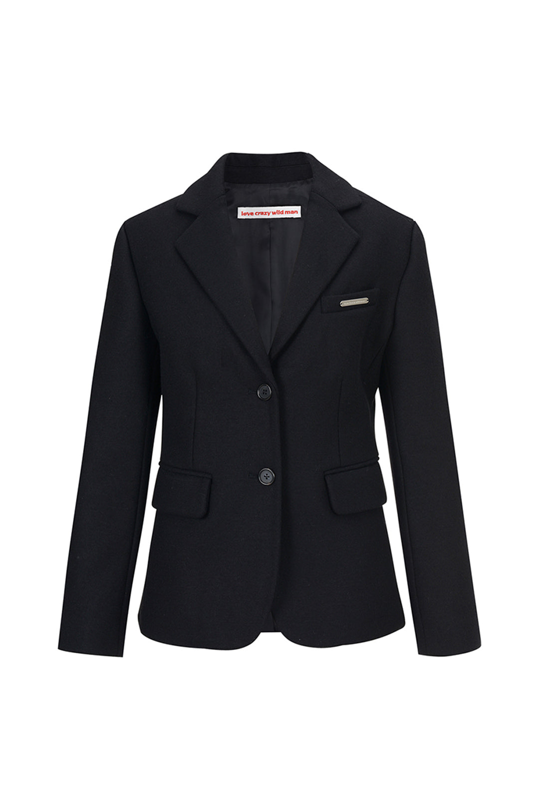 Black blazer jacket from LOVE CRAZY WILD MAN, stylish tailored jacket with lapels and front buttons, ideal for smart casual wear.