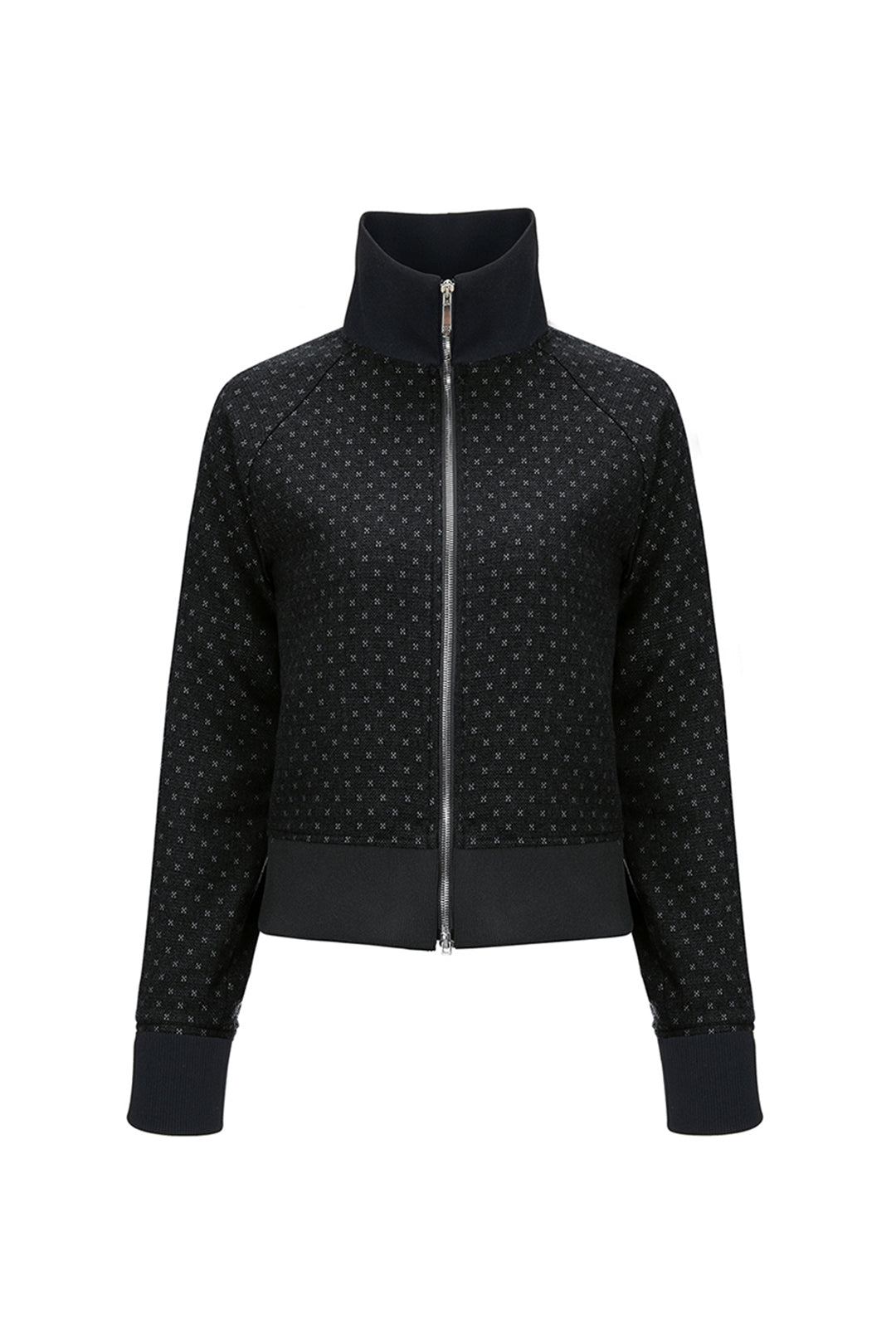 Black wool track jumper by LOVE CRAZY WILD MAN shown with a close-up of the textured fabric and ribbed cuffs.