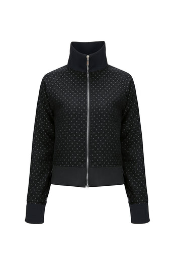 Black wool track jumper by LOVE CRAZY WILD MAN shown with a close-up of the textured fabric and ribbed cuffs.