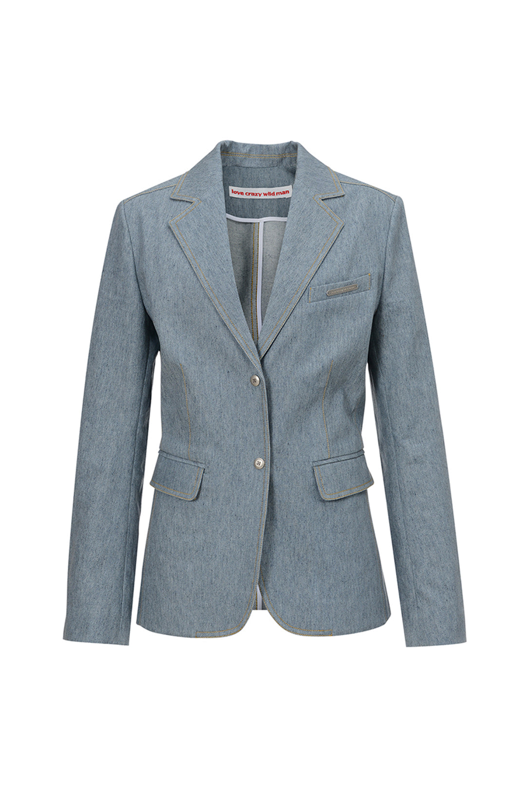 Indigo denim blazer by LOVE CRAZY WILD MAN, stylish casual blazer with classic denim texture and tailored fit.