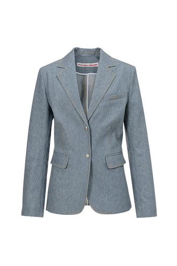 Indigo denim blazer by LOVE CRAZY WILD MAN, stylish casual blazer with classic denim texture and tailored fit.