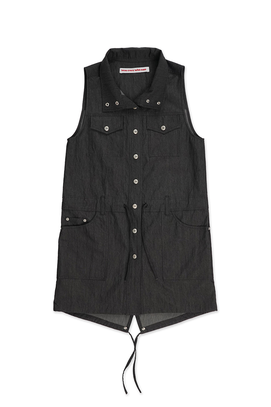 Charcoal safari dress by LOVE CRAZY WILD MAN, featuring a stylish, relaxed fit with button details and a waist tie.