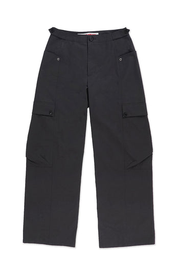 Love Crazy Wild Man Tabs Cargo Pants in charcoal, featuring multiple pockets and a relaxed fit, displayed on a hanger.