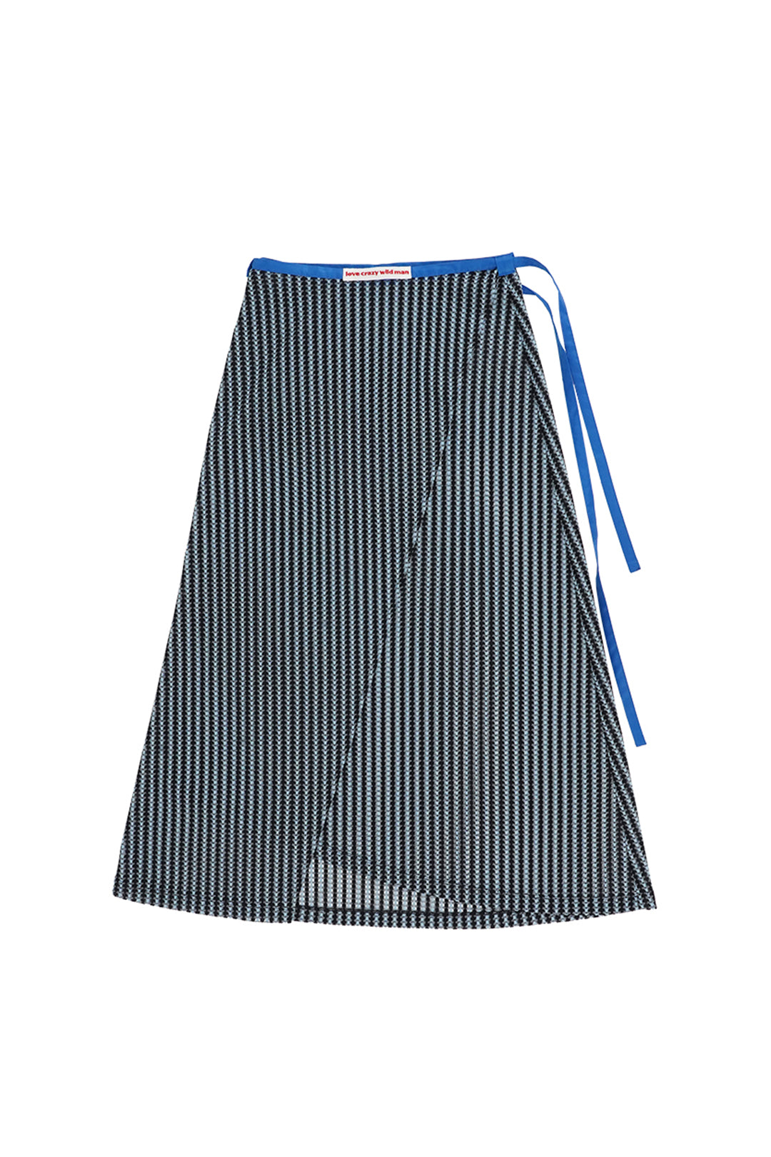 Blue stripe mesh wrap skirt by LOVE CRAZY WILD MAN, featuring lightweight, breathable fabric and stylish wrap design.
