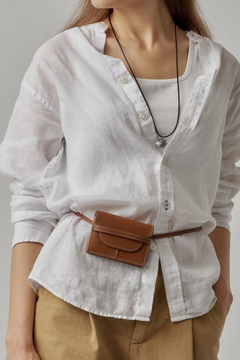 MIULIN 1st Anniversary Edition wallet bag in camel leather with compact design and multiple card slots.