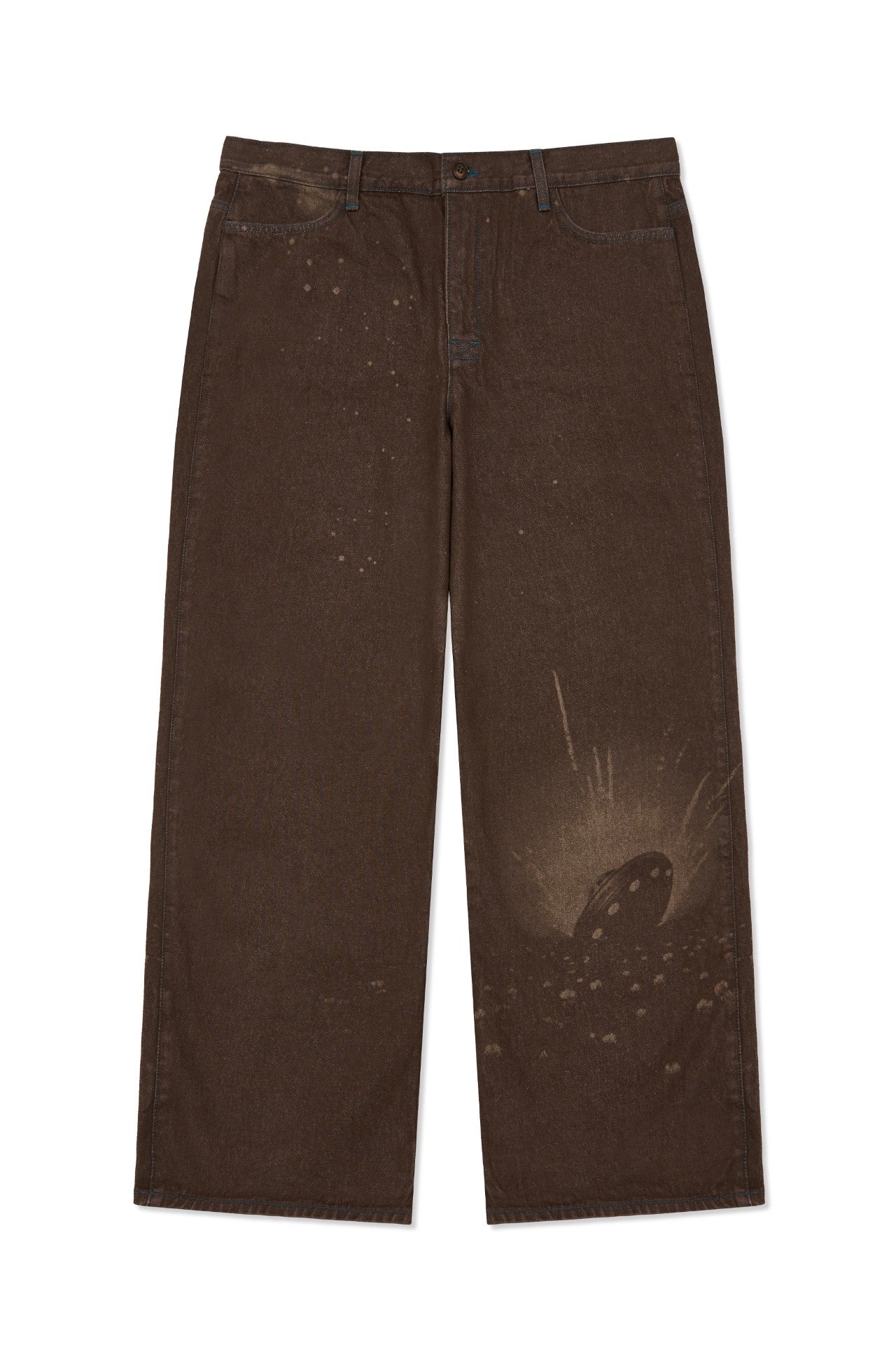 Laser-engraved pants by IOEDLE featuring intricate strange landing design, shown in a stylish, close-up view.