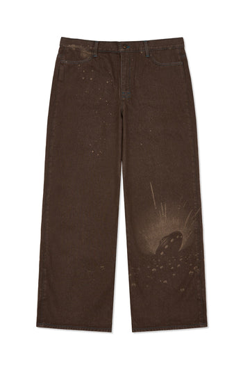 Laser-engraved pants by IOEDLE featuring intricate strange landing design, shown in a stylish, close-up view.