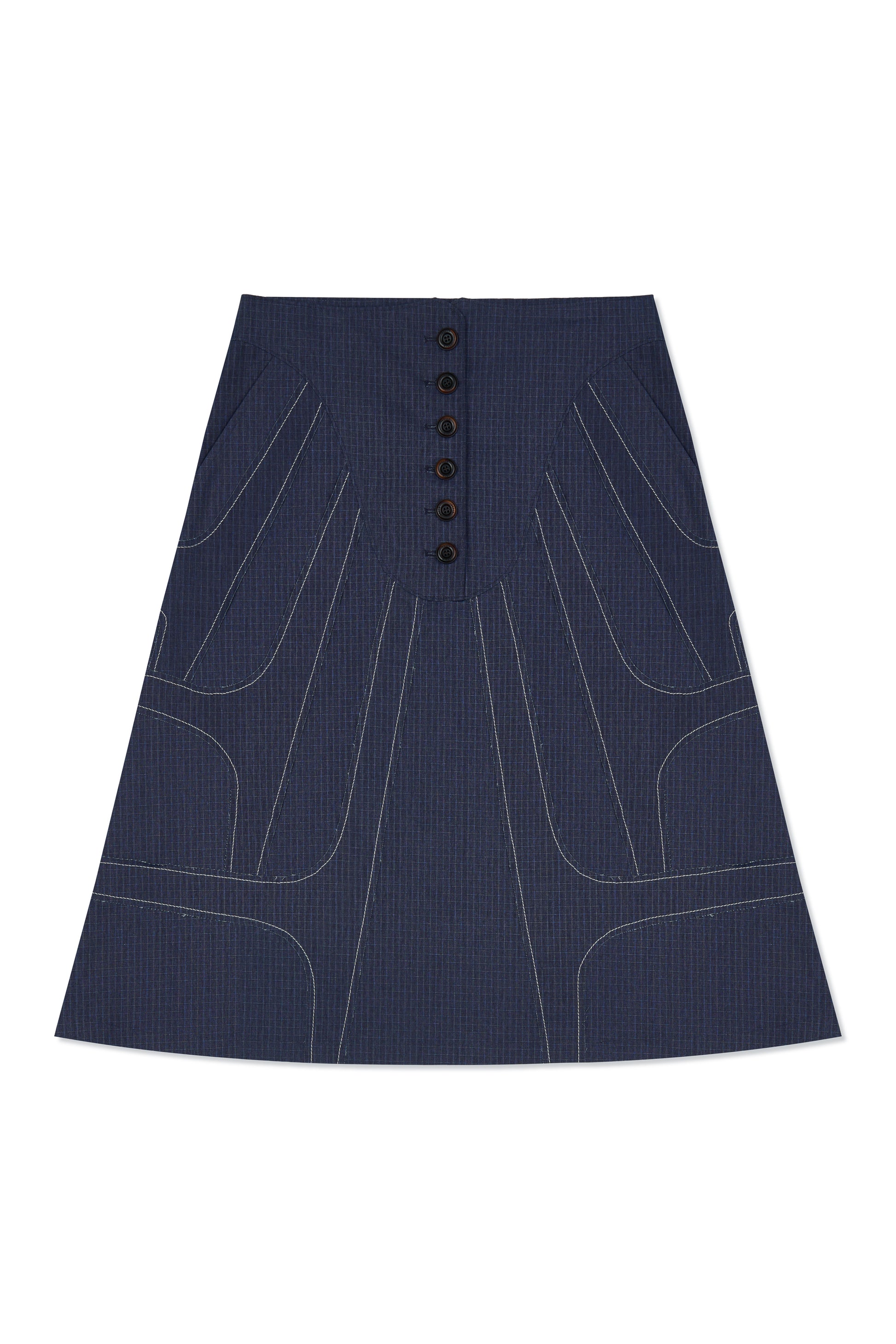 IOEDLE stitched stream skirt in soft fabric with stitched detailing, showcased on a model. Perfect for casual or dressy occasions.