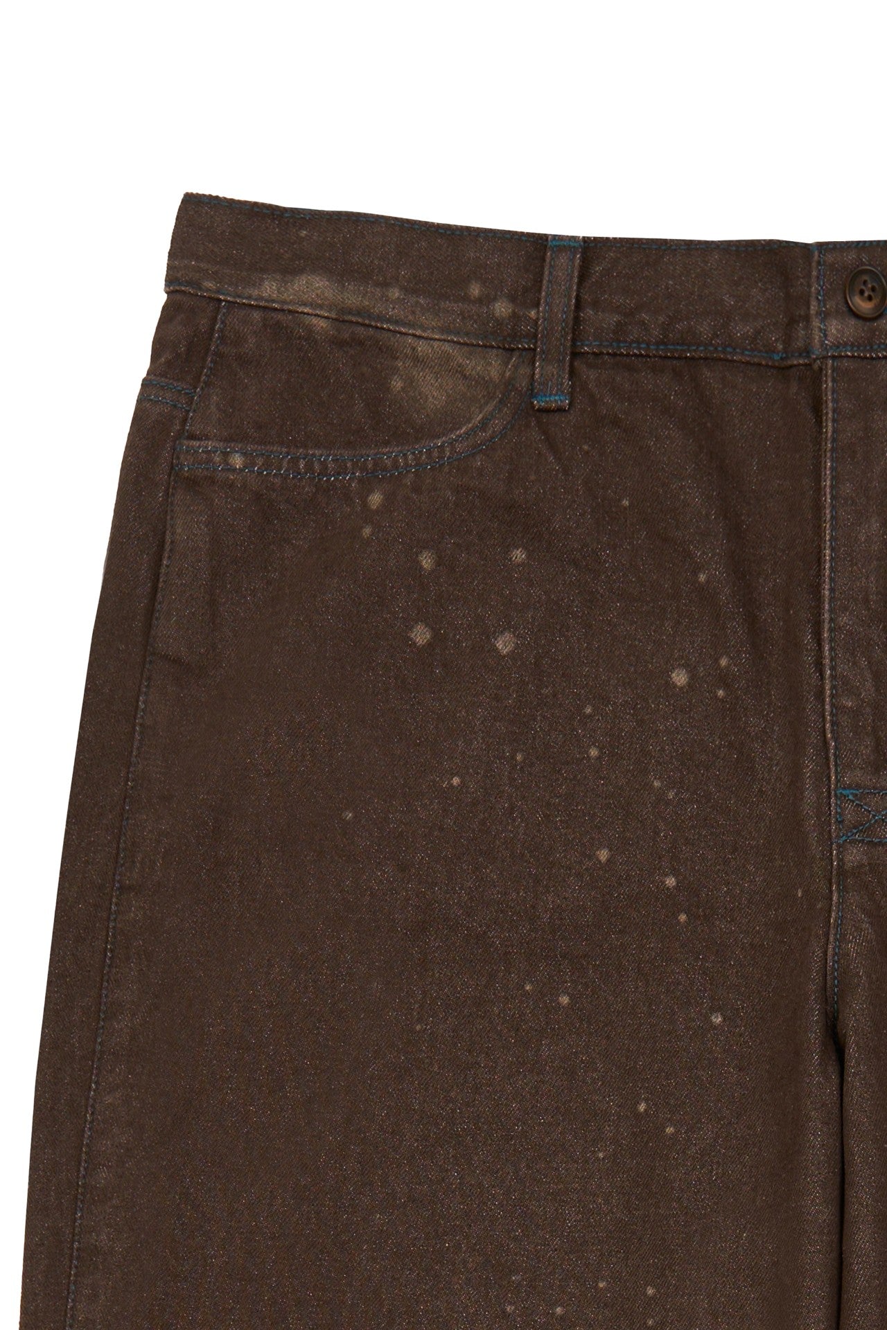 Laser-engraved pants from IOEDLE featuring intricate strange landing design on stylish fabric.