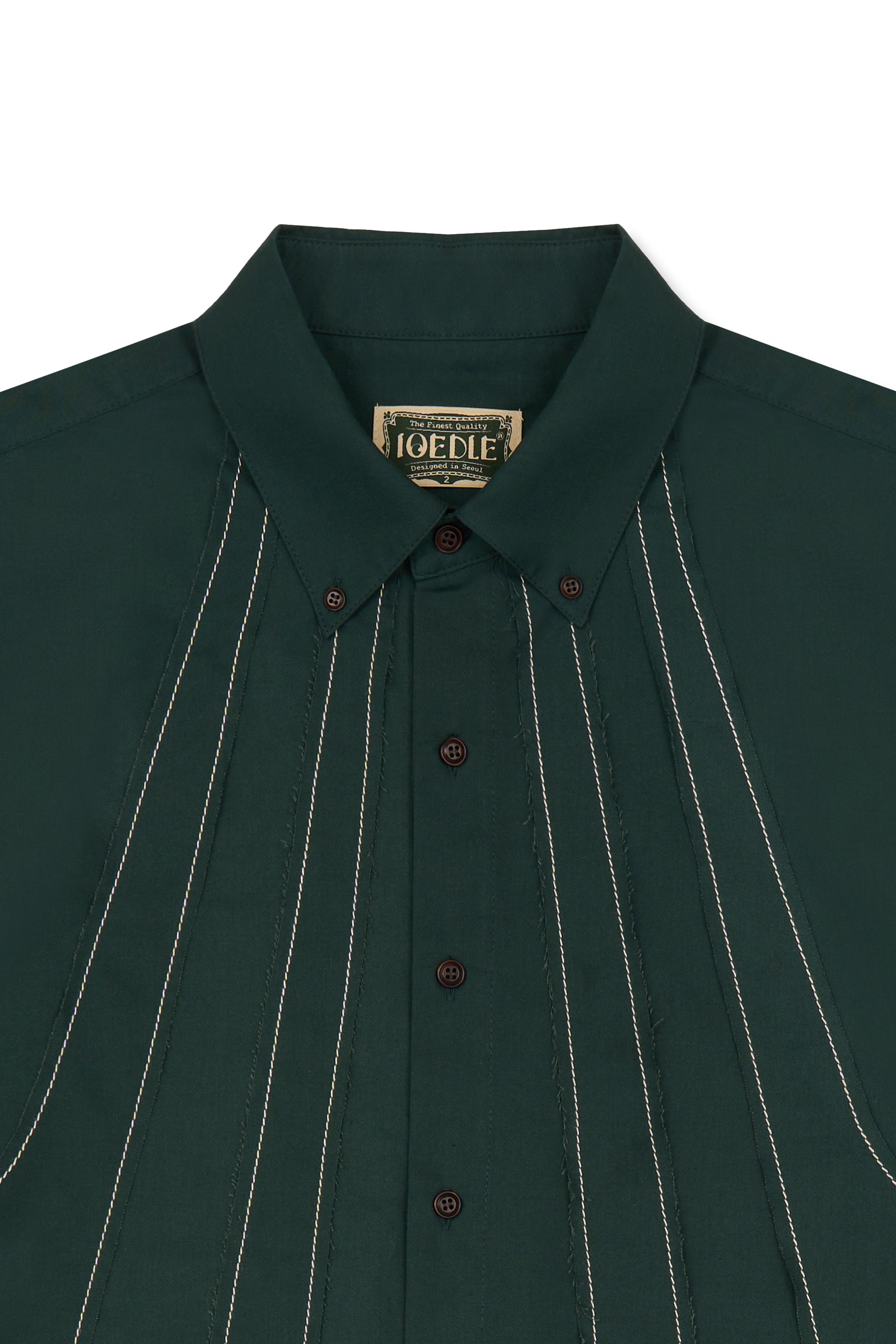 IOEDLE stitched stream short-sleeve shirt with detailed stitching, featuring a casual fit and stylish design, displayed on a hanger.