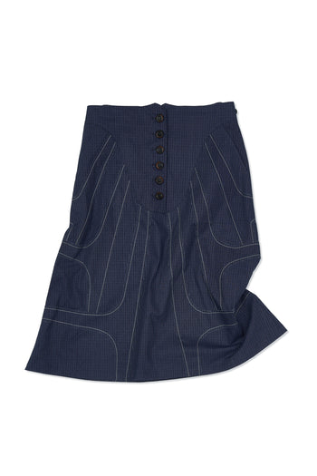 IOEDLE stitched stream skirt, stylish midi skirt with stitched details, shown hanging with a flowing, elegant design.