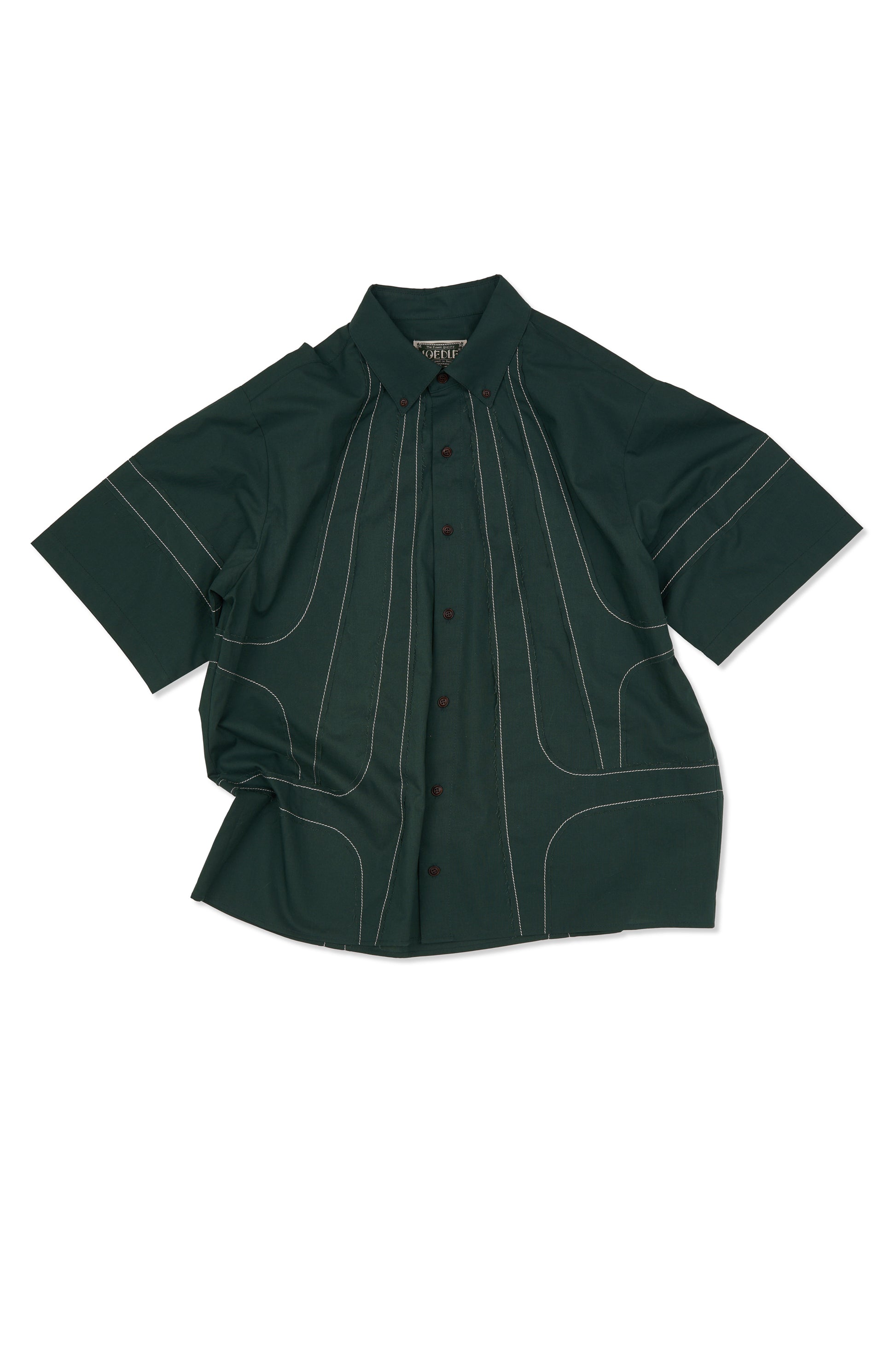 IOEDLE stitched stream short-sleeve shirt with detailed stitching, casual fit, lightweight fabric, and classic collar.
