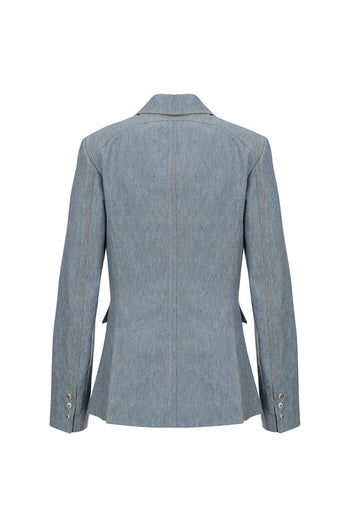 Indigo denim blazer by LOVE CRAZY WILD MAN, stylish tailored blazer with classic lapel and button closure, front pockets.