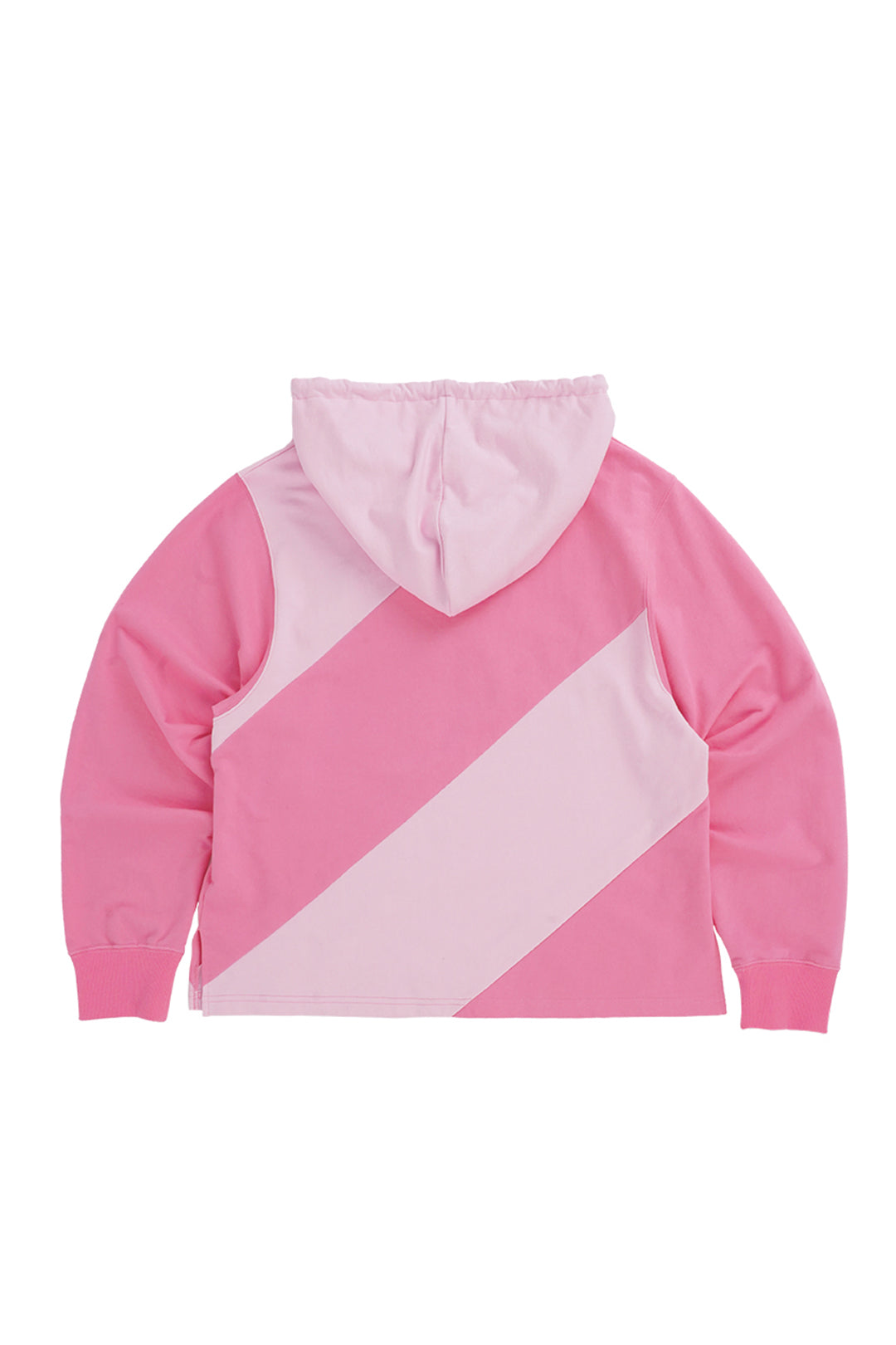Pink LOVE CRAZY WILD MAN diagonal hoodie displayed on a model, showcasing its stylish design and comfortable fit.