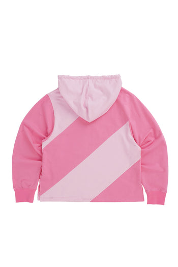 Pink LOVE CRAZY WILD MAN diagonal hoodie displayed on a model, showcasing its stylish design and comfortable fit.