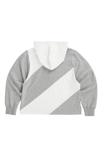 LOVE CRAZY WILD MAN diagonal hoodie in melange fabric, showing the front view with a relaxed fit and stylish design.