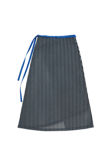 Blue striped mesh wrap skirt by LOVE CRAZY WILD MAN, showing the lightweight, flowy fabric and stylish design.