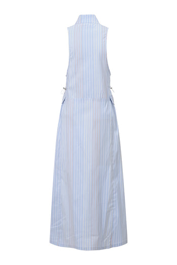 Blue striped high neck dress by LOVE CRAZY WILD MAN, featuring a fitted silhouette and stylish design.