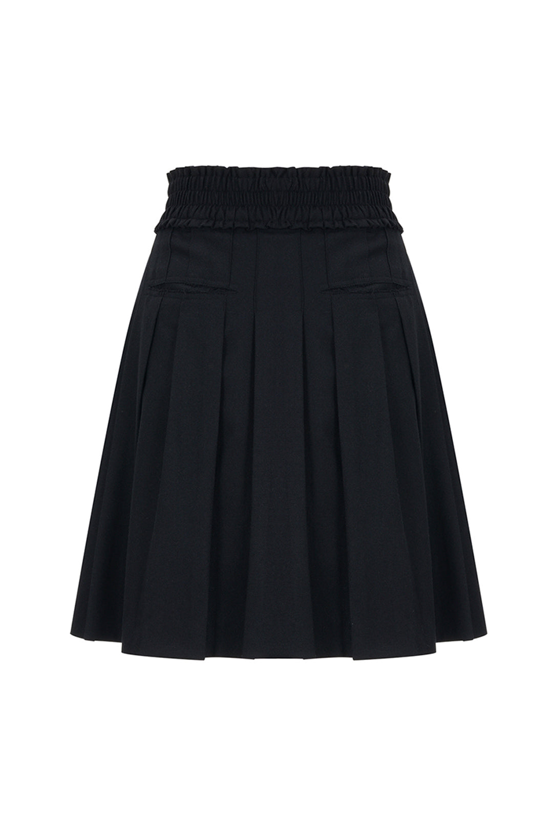 Black frill pleats skirt by LOVE CRAZY WILD MAN, showcasing flowing fabric and layered design on a neutral background.