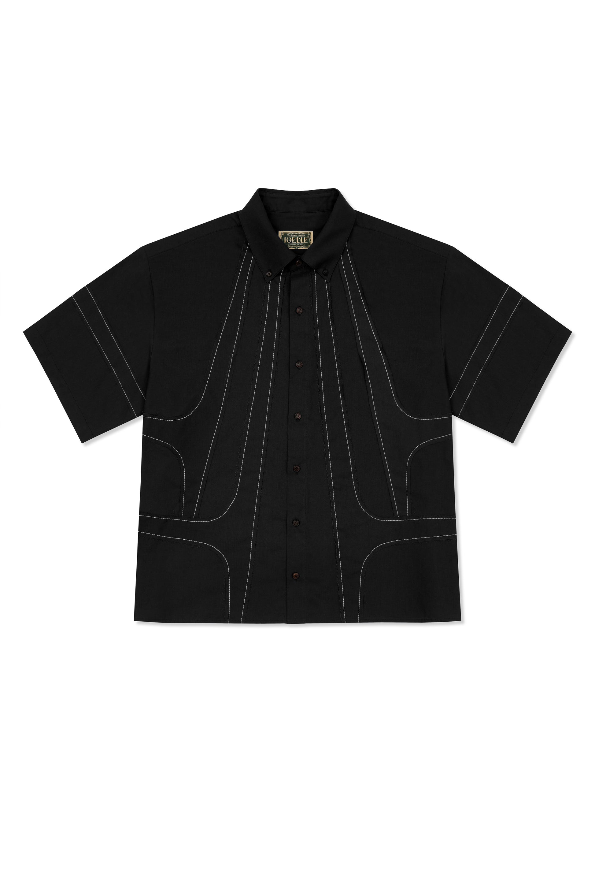 IOEDLE stitched stream short-sleeve shirt with detailed stitching, casual fit, and lightweight fabric, displayed on a neutral background.