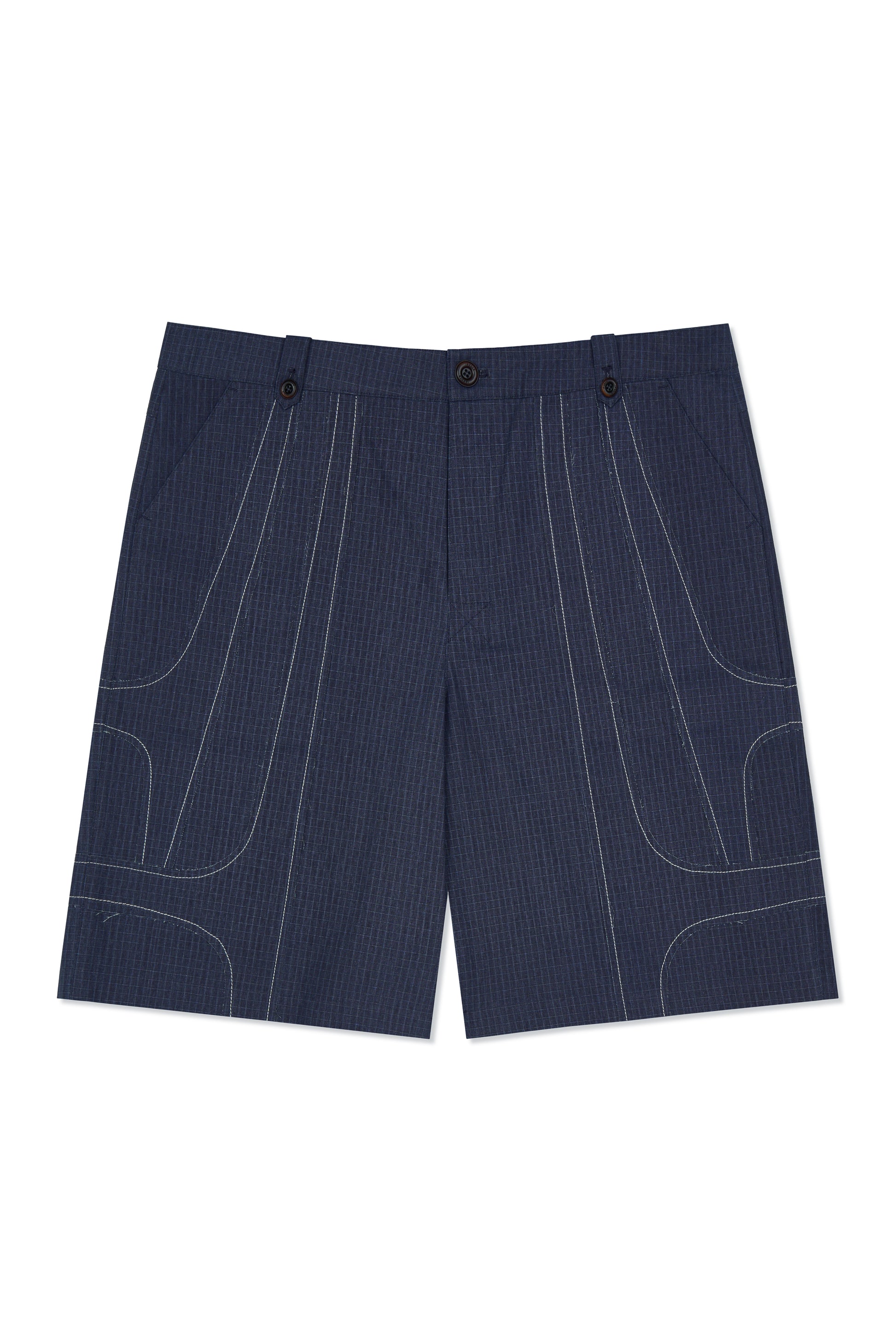 IOEDLE stitched stream shorts with stitched detailing, casual fit, and lightweight fabric, shown in a neutral color.