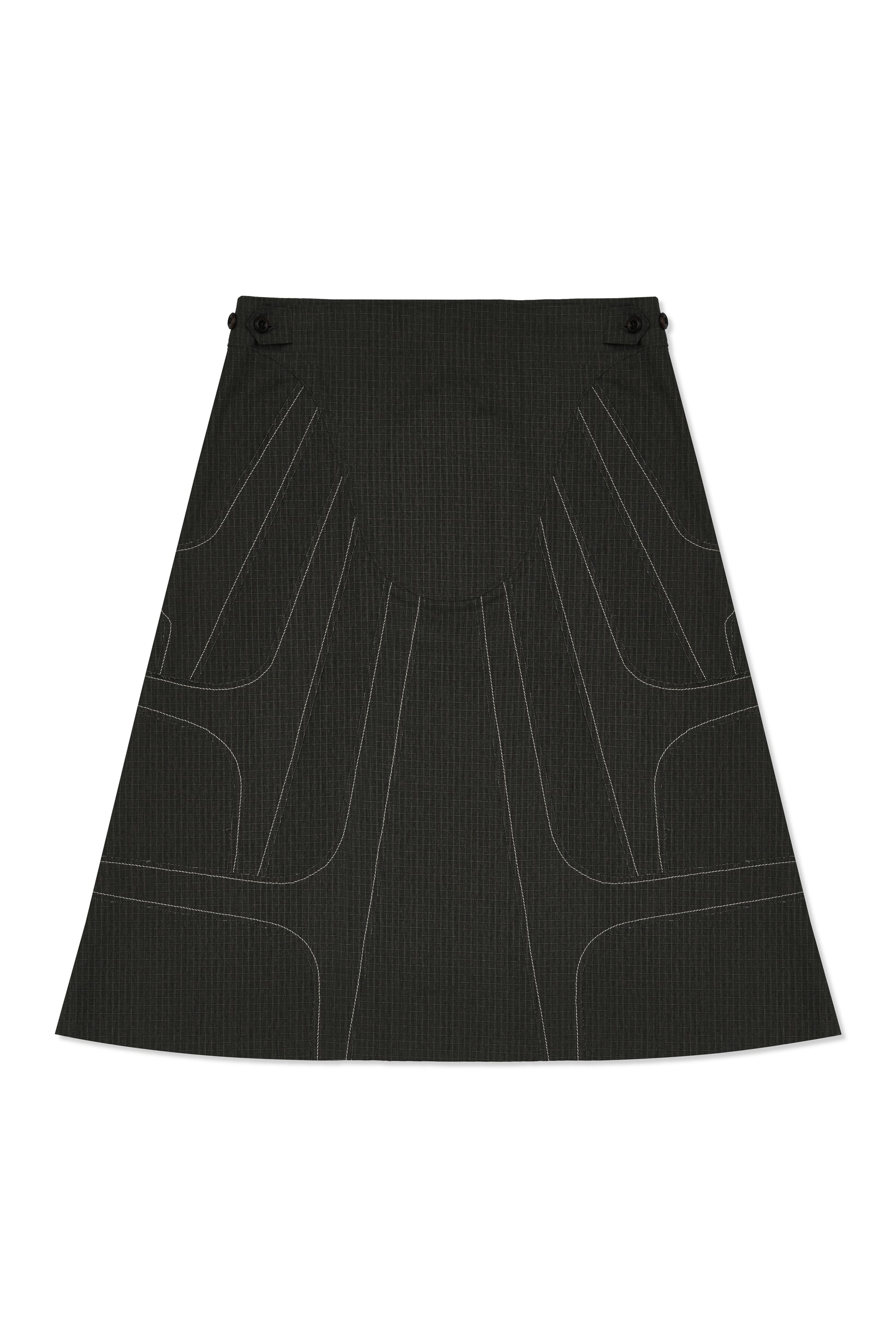 IOEDLE stitched stream skirt with detailed stitching and flowing fabric, displayed on a hanger against a neutral background.