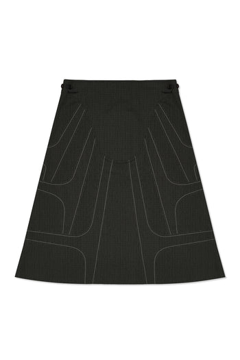 IOEDLE stitched stream skirt with detailed stitching and flowing fabric, displayed on a hanger against a neutral background.