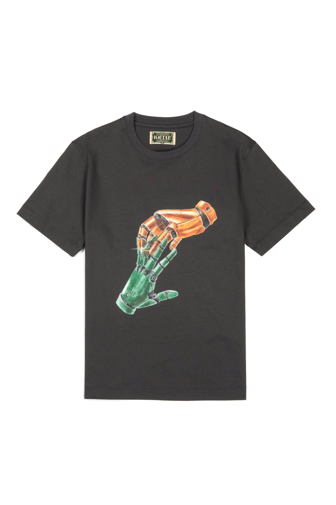 IOEDLE Sync.exe T-shirt, black casual top with graphic design, crew neck style, displayed on a hanger.