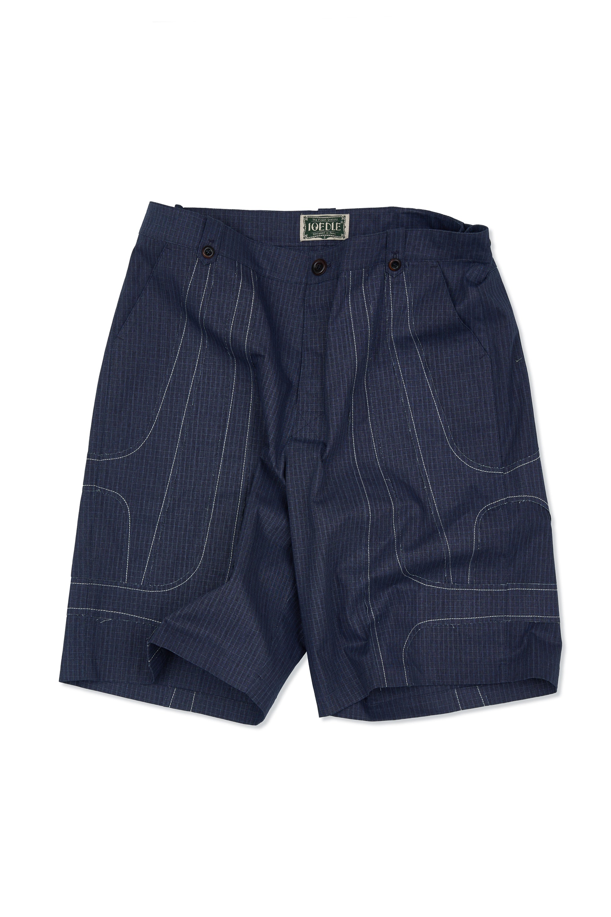 IOEDLE stitched stream shorts in black, featuring a relaxed fit with stitched detailing, ideal for casual wear and comfort.
