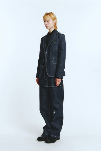 Deep indigo denim blazer jacket by LOVE CRAZY WILD MAN featuring classic lapels and tailored fit.