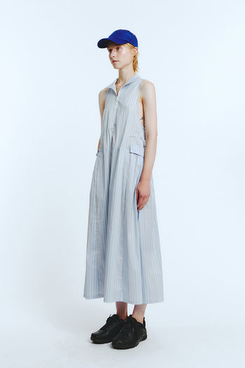 Blue striped high neck dress by LOVE CRAZY WILD MAN, featuring a fitted silhouette and stylish design.