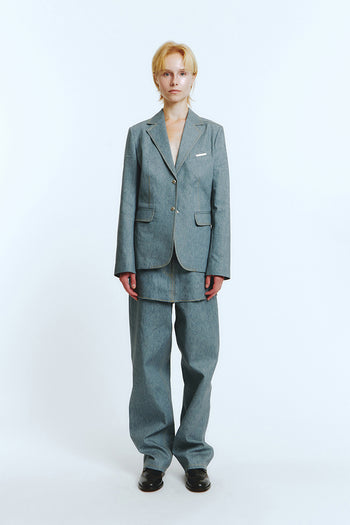 Indigo denim blazer by LOVE CRAZY WILD MAN, stylish casual blazer with classic denim texture and tailored fit.