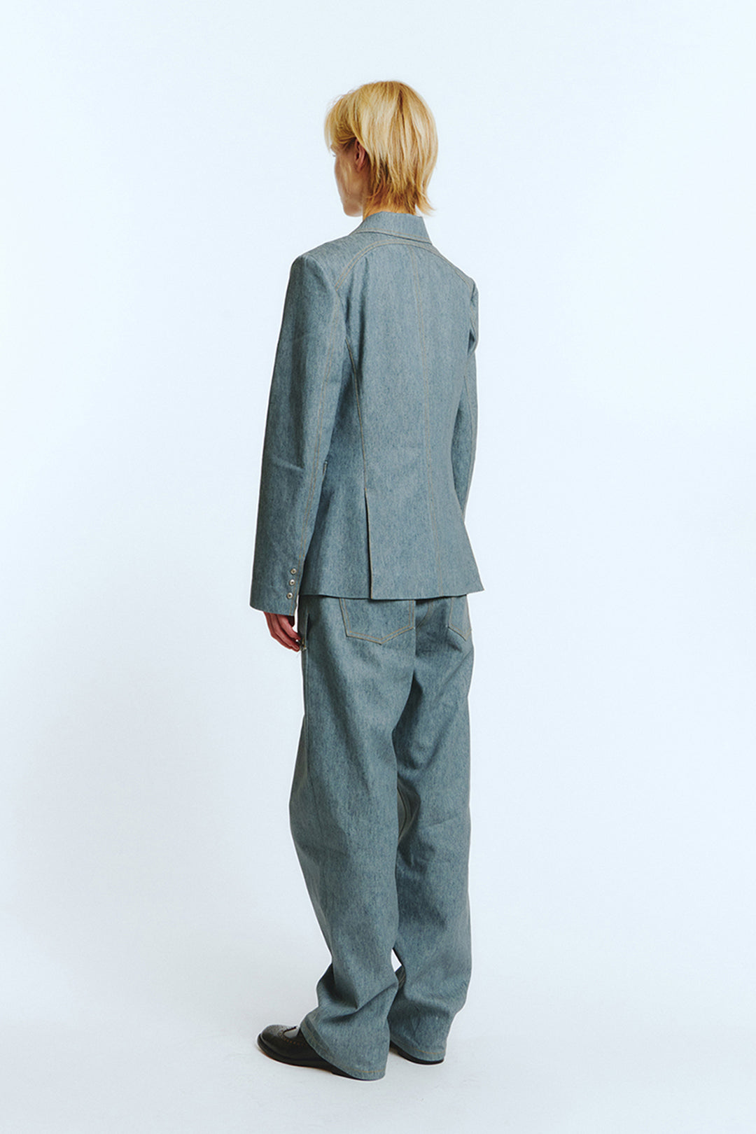 Indigo denim blazer by LOVE CRAZY WILD MAN, stylish tailored blazer with classic denim texture and modern fit.