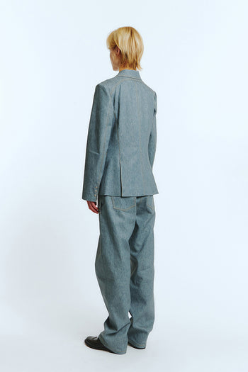Indigo denim blazer by LOVE CRAZY WILD MAN, stylish tailored blazer with classic denim texture and modern fit.
