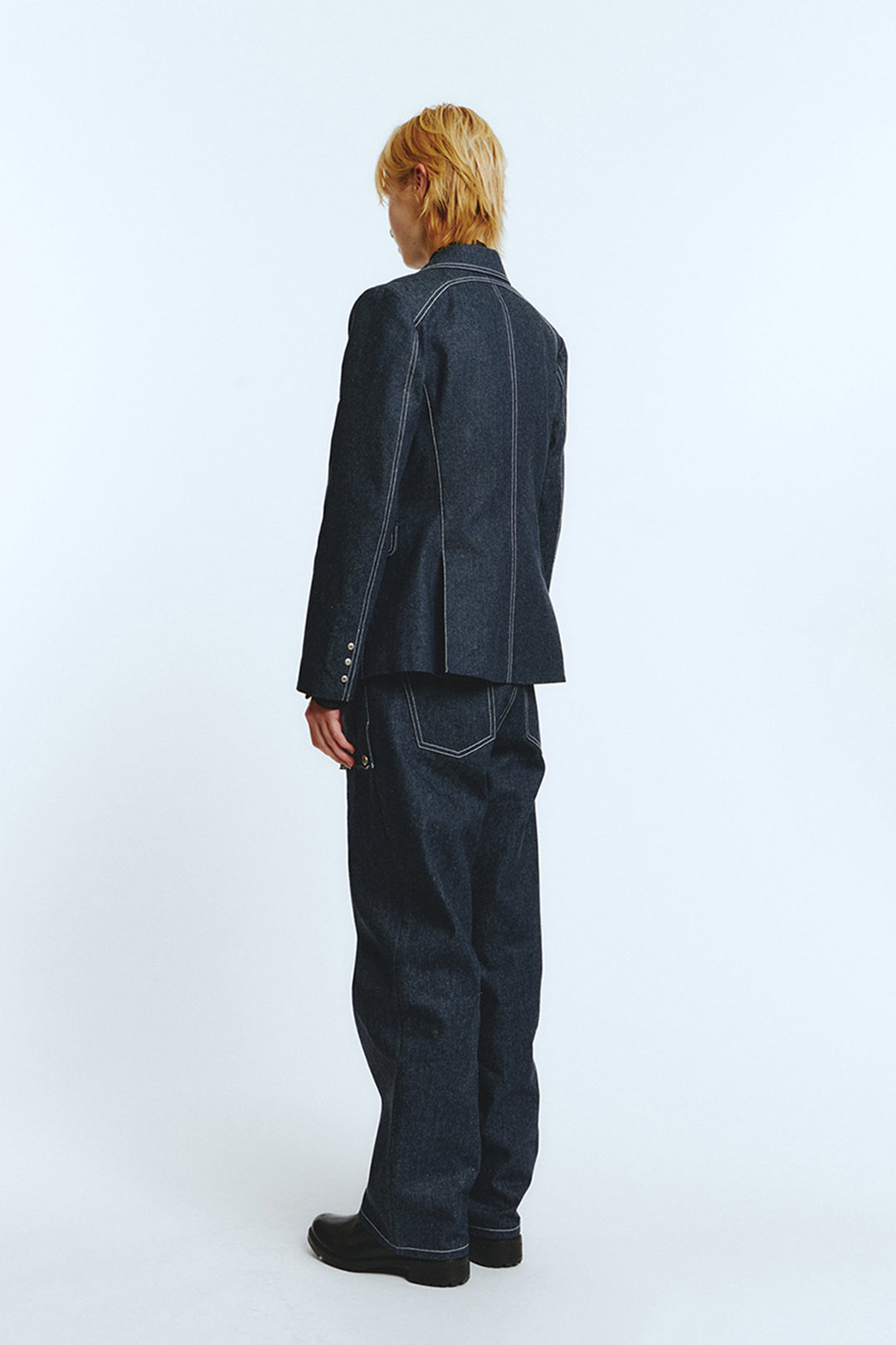 Deep indigo denim blazer jacket by LOVE CRAZY WILD MAN, featuring classic design, tailored fit, and stylish lapel details.