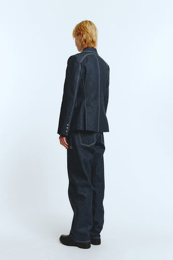 Deep indigo denim blazer jacket by LOVE CRAZY WILD MAN, featuring classic design, tailored fit, and stylish lapel details.
