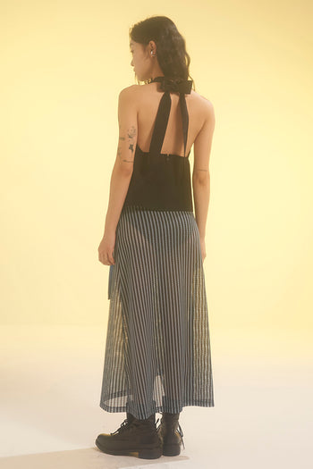Blue striped mesh wrap skirt by LOVE CRAZY WILD MAN, featuring a flowy, lightweight design with a stylish wrap style.