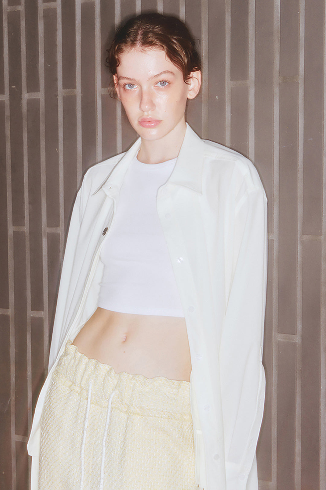 Ivory long shirt jumper from LOVE CRAZY WILD MAN featuring a relaxed fit and button-up front.