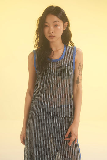 Blue and white striped mesh tank top from LOVE CRAZY WILD MAN, casual sleeveless top with breathable fabric.