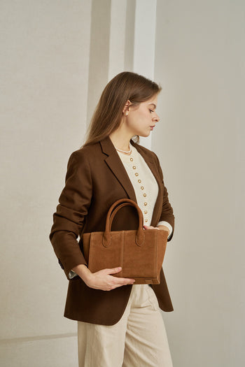 Medium Brunir suede tote bag by MIULIN, showing its soft textured suede material and spacious design.