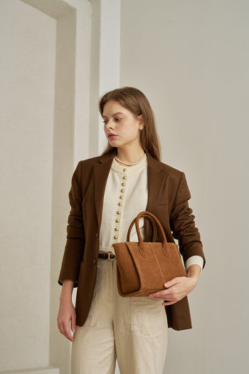 Medium Brunir suede bag by MIULIN featuring a spacious tote design with sturdy handles and a soft, textured suede finish.