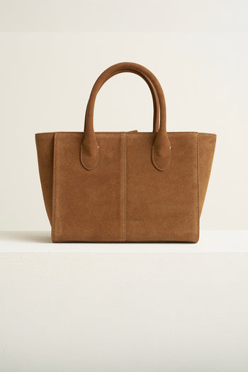 Medium Brunir suede tote bag by MIULIN with top handles and spacious interior, showcasing soft texture and stylish design.