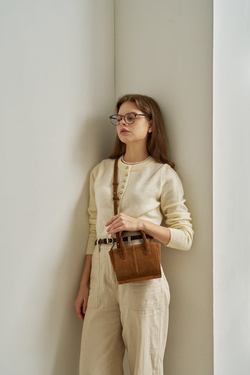 Small MIULIN Brunir suede tote bag with a soft, textured surface and sturdy handles, perfect for everyday use.