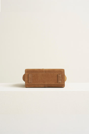 Small MIULIN Brunir suede bag with a sleek tote design and top handles, made from soft, textured suede material.