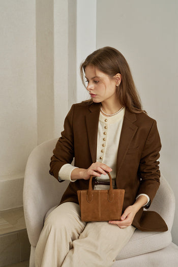 Small MIULIN Brunir suede bag featuring a chic, minimalist tote design with soft suede material and sturdy handles.