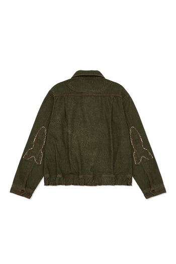 IOEDLE Crash Bloom laser-engraved jacket with detailed floral design, front view showing intricate artwork and stylish fit.