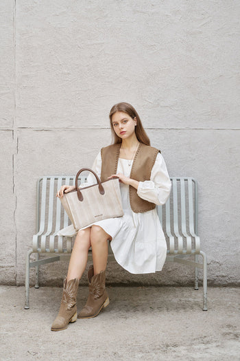 Large beige creamed canvas tote bag by MIULIN with sturdy handles and spacious interior for everyday use.