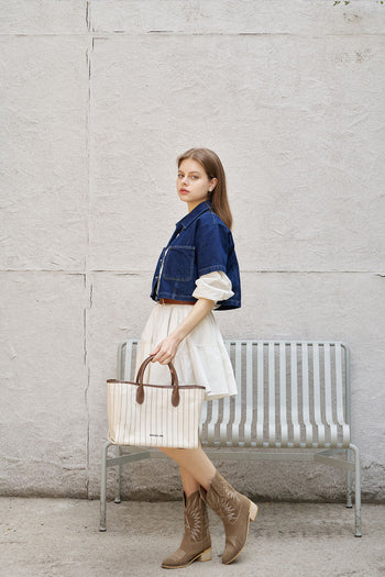 Large striped cream canvas tote bag by MIULIN with sturdy handles and spacious interior, perfect for everyday use.