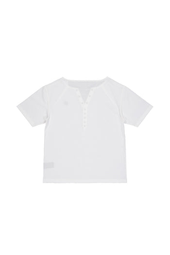 KIMMICK Bestowed Chivalry Pique Half Sleeve Off-White top with textured fabric and classic design, front view.