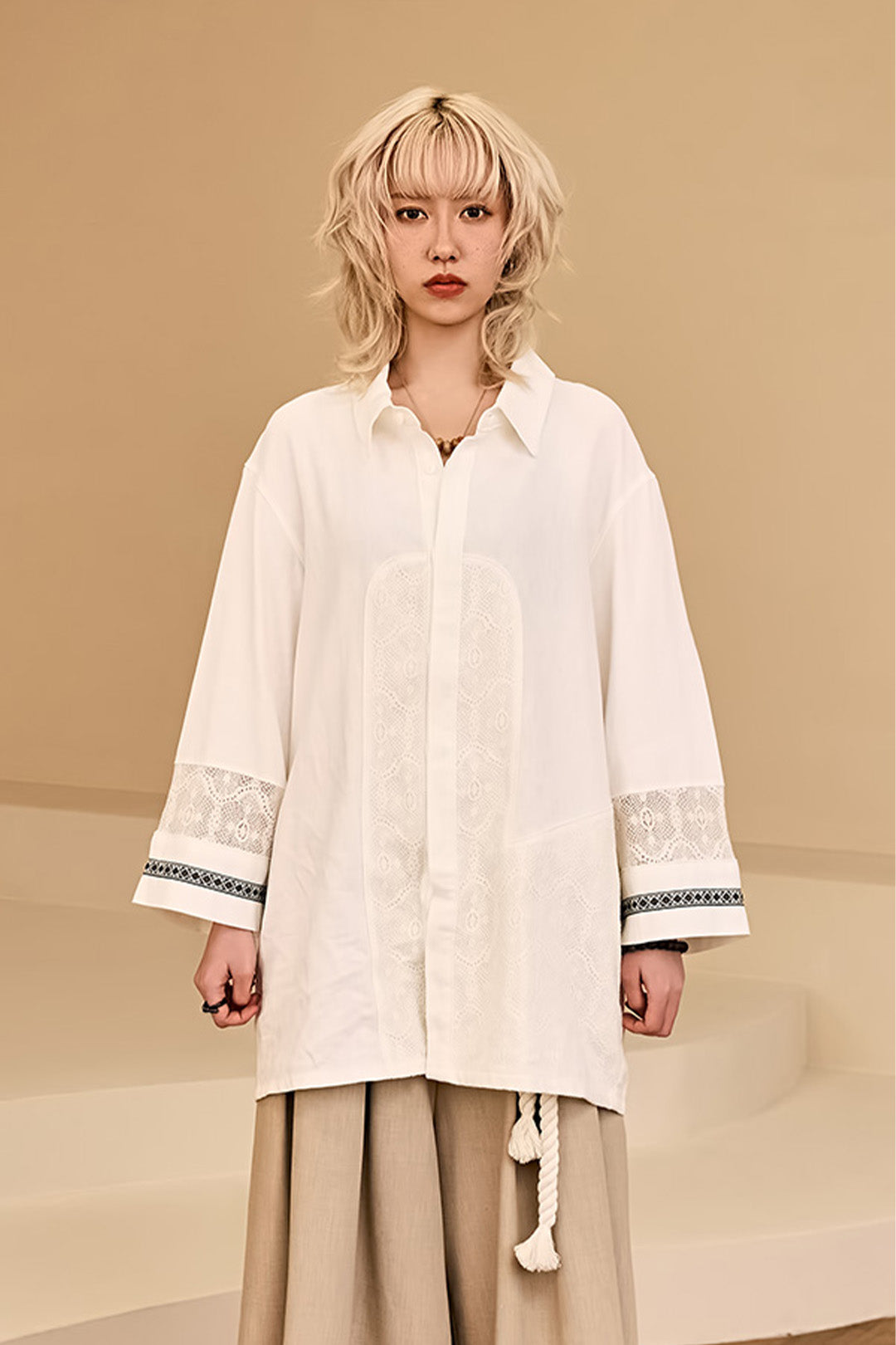 Lace Colour Combination Linen Shirt Ivory
